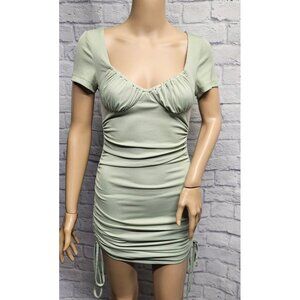 PRINCESS POLLY 6 S MUTED GREEN RUCHED LOW CUT TIE BODY CON MINI S/S RIBBED DRESS